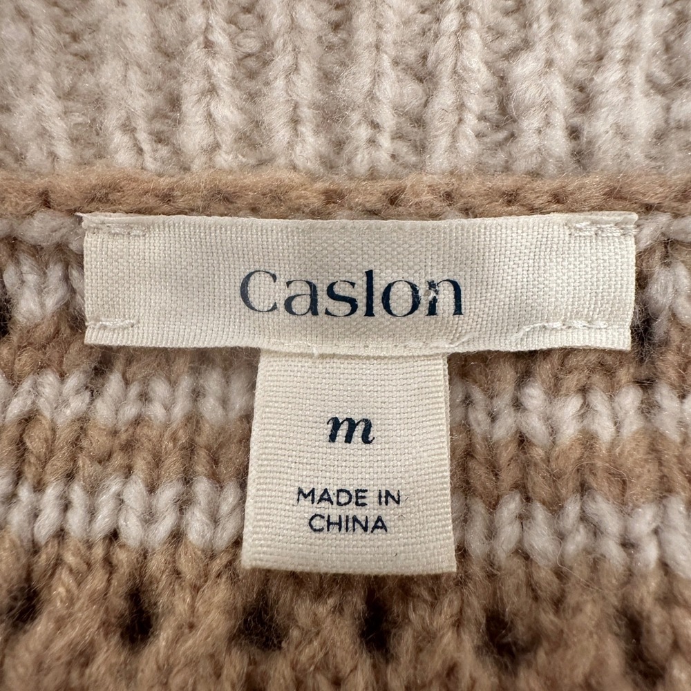 Caslon Striped Crochet Knit Sweater Top Beige Brown 3/4 Sleeve Wool Blend Medium - Picture 4 of 8